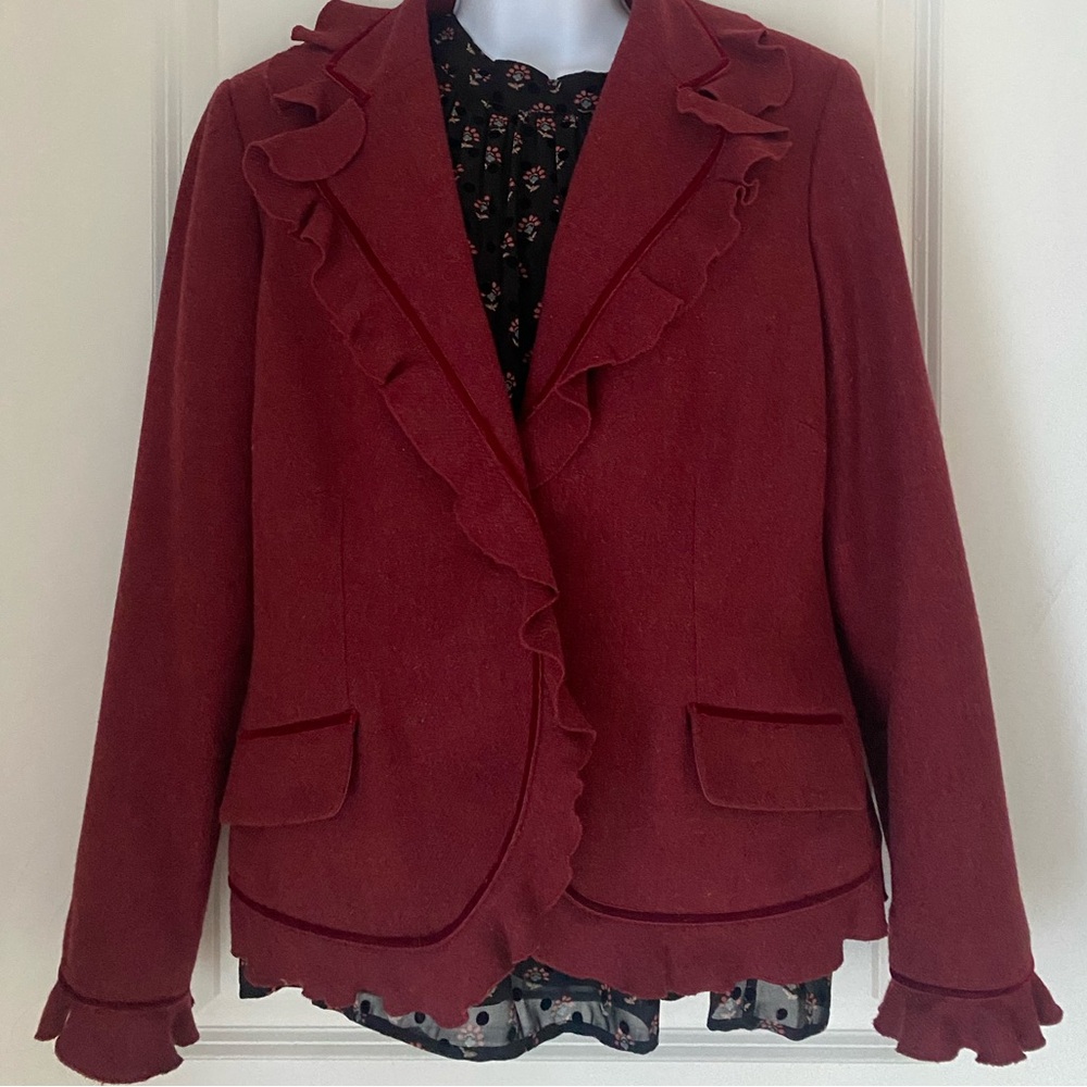 Vintage Liz Claiborne Ruffle One-Button Wool Blazer  Deep Red Sz 12 Feminine